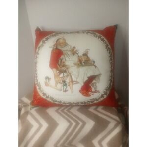 Vtg Square Norman Rockwell Santas Workshop Throw Pillow Christmas 16x15